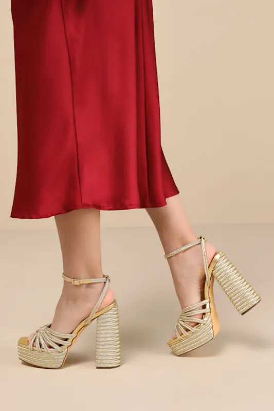 Seelah Gold Metallic Strappy Platform High Heel Sandals sold by Lulus