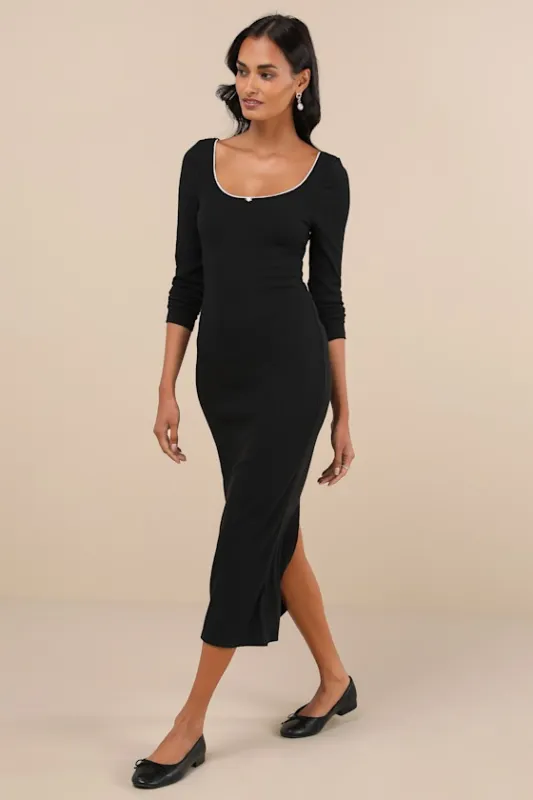 Certainly Darling Black Ribbed Long Sleeve Midi Dress sold by Lulus