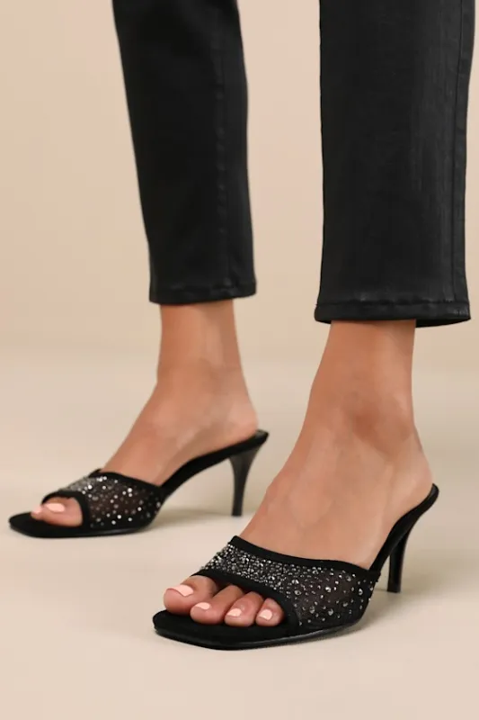 Delannie Black Suede Mesh Rhinestone High Heel Slide Sandals sold by Lulus