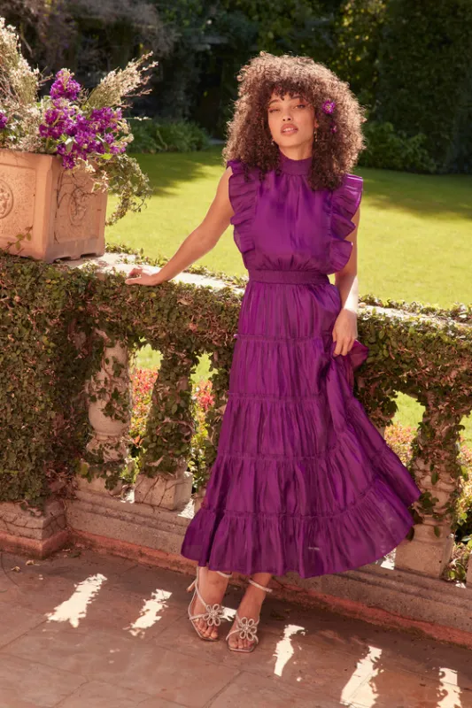 Take a Glance Purple Tiered Mock Neck Midi Dress sold by Lulus