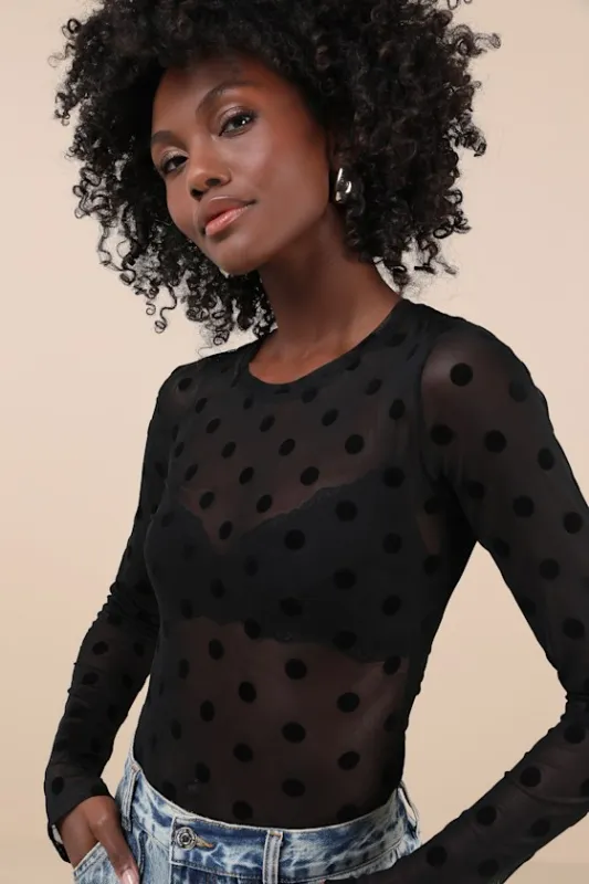 Fox Black Sheer Mesh Polka Dot Long Sleeve Top made by Nia