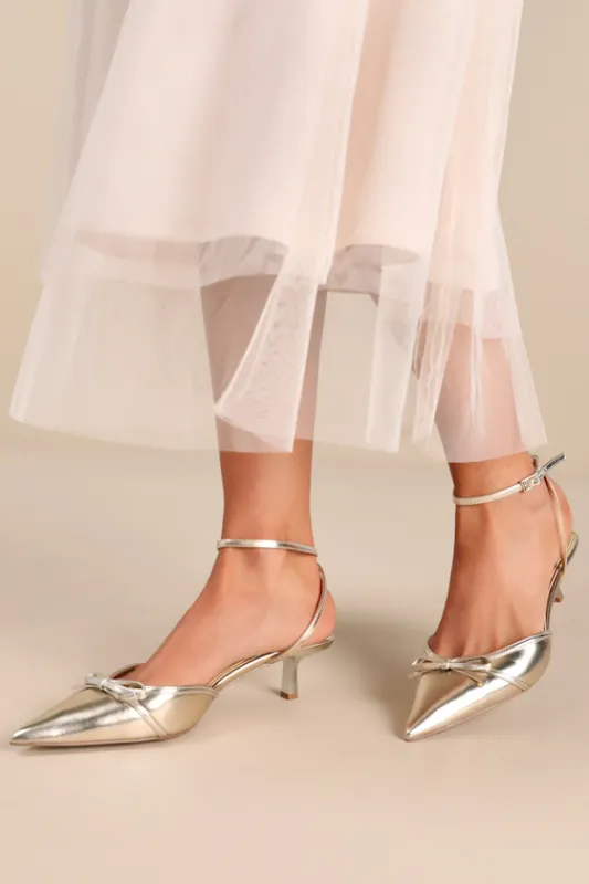Talasia Gold Metallic Ankle Strap Kitten Heel Pumps sold by Lulus