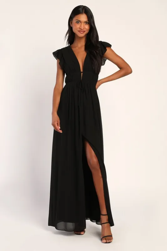 I'm All Yours Black Ruffled Maxi Dress sold by Lulus