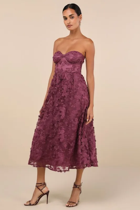 Quite Perfect Purple Floral Embroidered Strapless Midi Dress sold by Lulus