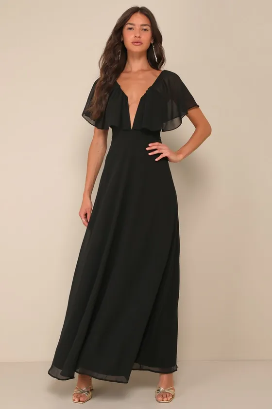 Stunning Demeanor Black Flutter Sleeve Backless Maxi Dress sold by Lulus