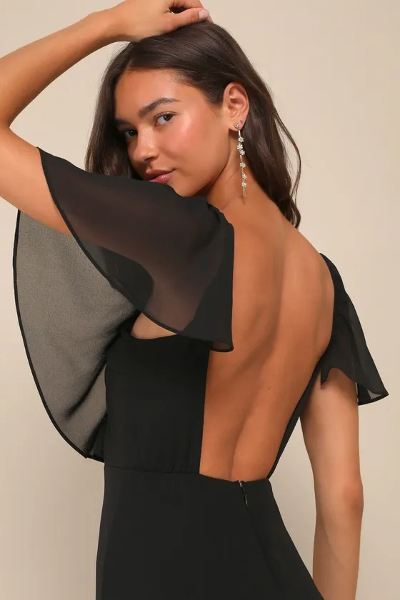 Stunning Demeanor Black Flutter Sleeve Backless Maxi Dress sold by Lulus product image thumbnail 3