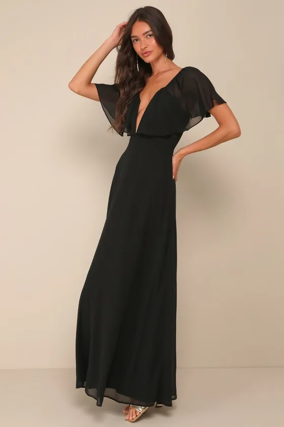 Stunning Demeanor Black Flutter Sleeve Backless Maxi Dress sold by Lulus product image thumbnail 4