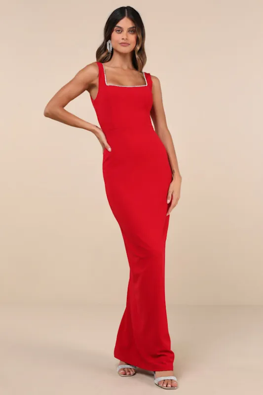 Timeless Poise Red Rhinestone Square Neck Backless Maxi Dress sold by Lulus