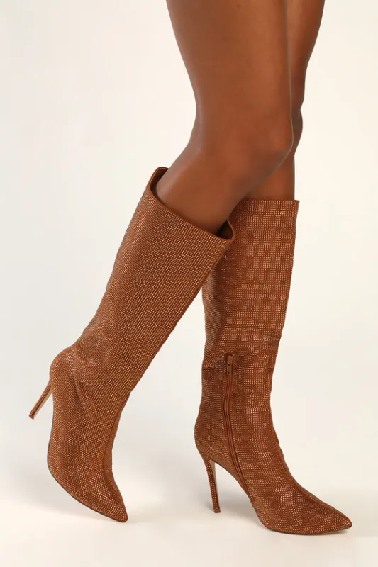 My Crush Brown Rhinestone Pointed-Toe Knee-High Boots sold by Lulus
