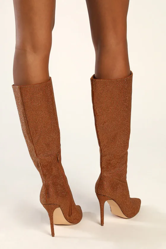 My Crush Brown Rhinestone Pointed-Toe Knee-High Boots sold by Lulus product image thumbnail 2