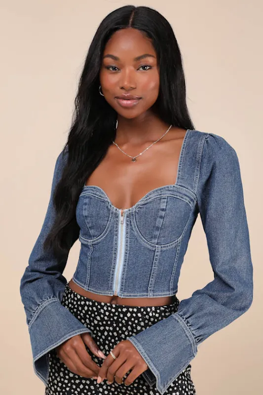 Confidently Coveted Dark Wash Denim Long Sleeve Bustier Crop Top sold by Lulus
