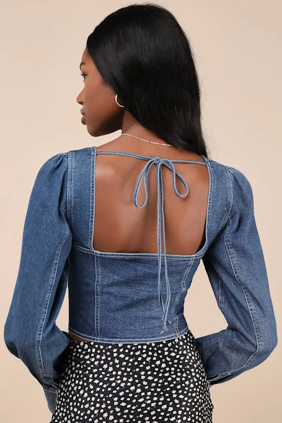 Confidently Coveted Dark Wash Denim Long Sleeve Bustier Crop Top sold by Lulus product image thumbnail 2