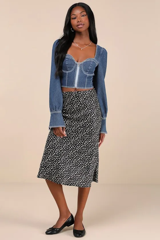 Confidently Coveted Dark Wash Denim Long Sleeve Bustier Crop Top sold by Lulus product image thumbnail 3