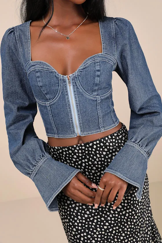 Confidently Coveted Dark Wash Denim Long Sleeve Bustier Crop Top sold by Lulus product image thumbnail 4