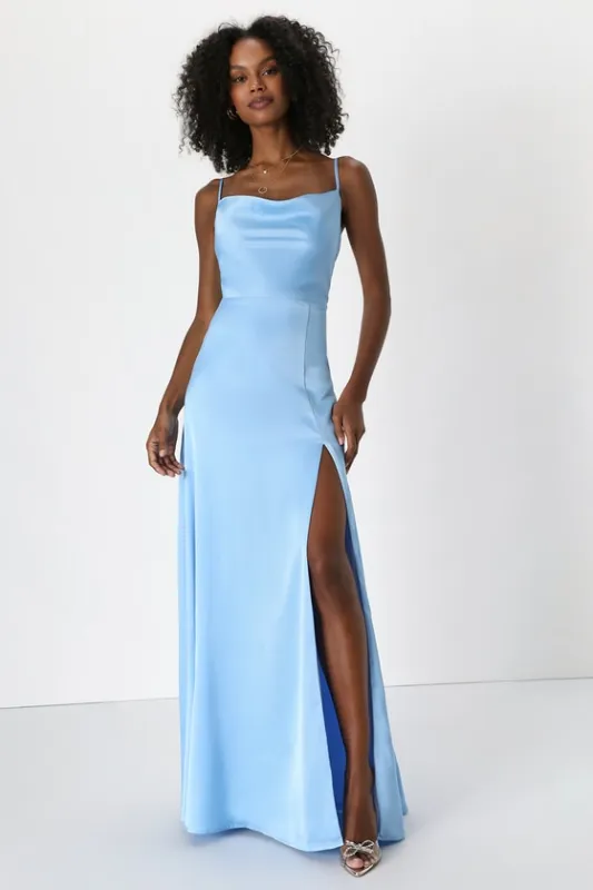Formal Invitation Light Blue Satin Cowl Neck Maxi Dress sold by Lulus
