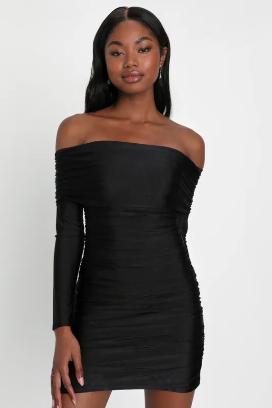 Sultry Influence Black Off-the-Shoulder Ruched Mini Dress sold by Lulus