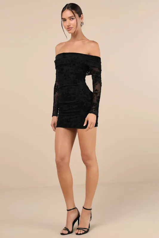 Perfect Act Black Velvet Burnout Off-the-Shoulder Mini Dress sold by Lulus