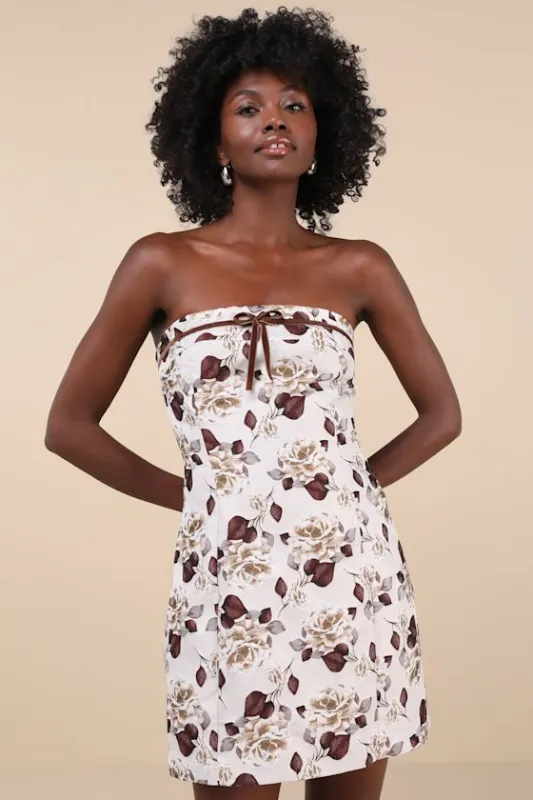 Staying Charming Light Grey Floral Jacquard Strapless Mini Dress sold by Lulus