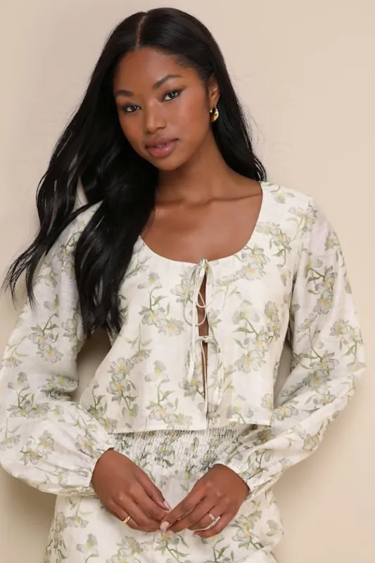 Playfully Sweet Beige and Sage Green Floral Tie-Front Top sold by Lulus
