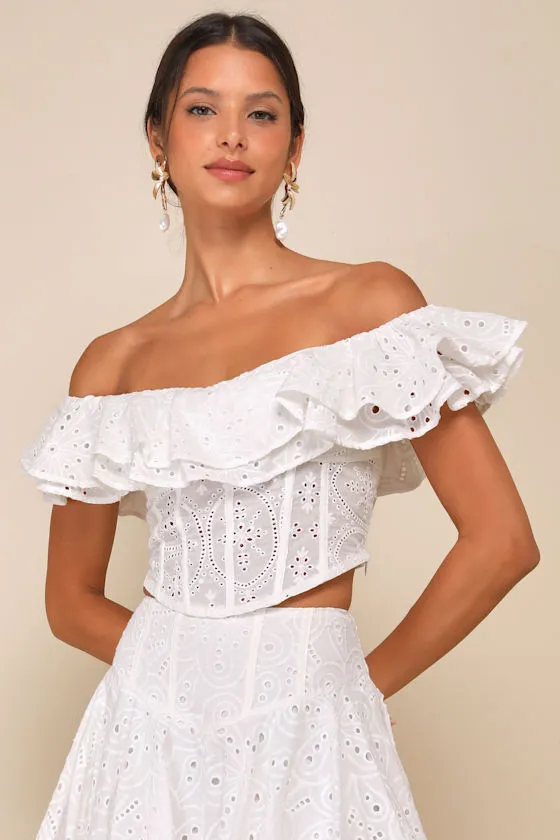 Lovely Season Ivory Eyelet Embroidered Off-the-Shoulder Crop Top sold by Lulus