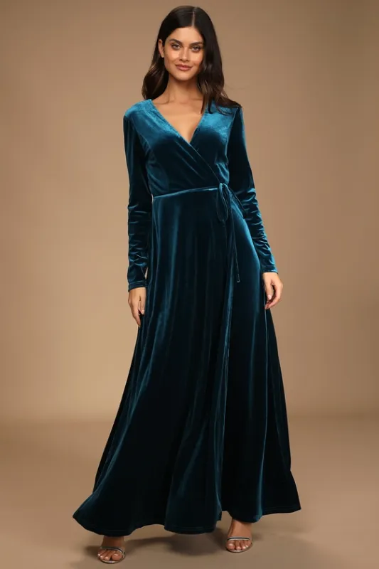 Jacinda Teal Blue Velvet Wrap Maxi Dress sold by Lulus