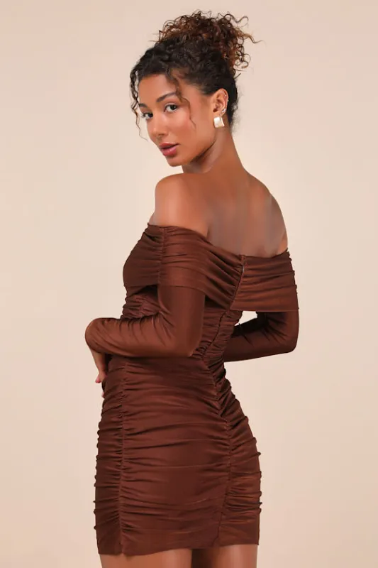 Sultry Influence Dark Brown Off-the-Shoulder Ruched Mini Dress made by Lulus