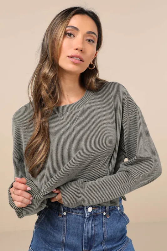 Relaxed Attitude Olive Textured Ribbed Long Sleeve Crop Top sold by Lulus