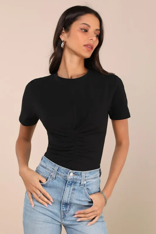 Simply a Vibe Black Ruched Short Sleeve Crew Neck Top sold by Lulus