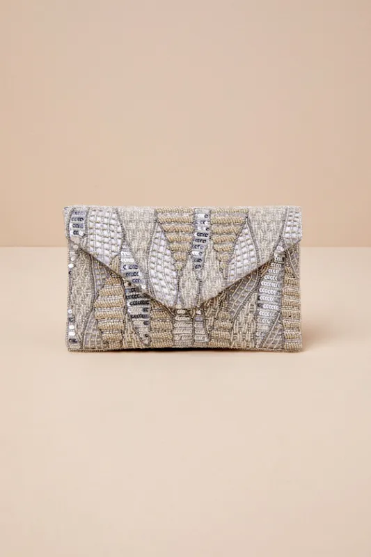 Composed Glow Silver Beaded Sequin Faux Suede Clutch sold by Lulus
