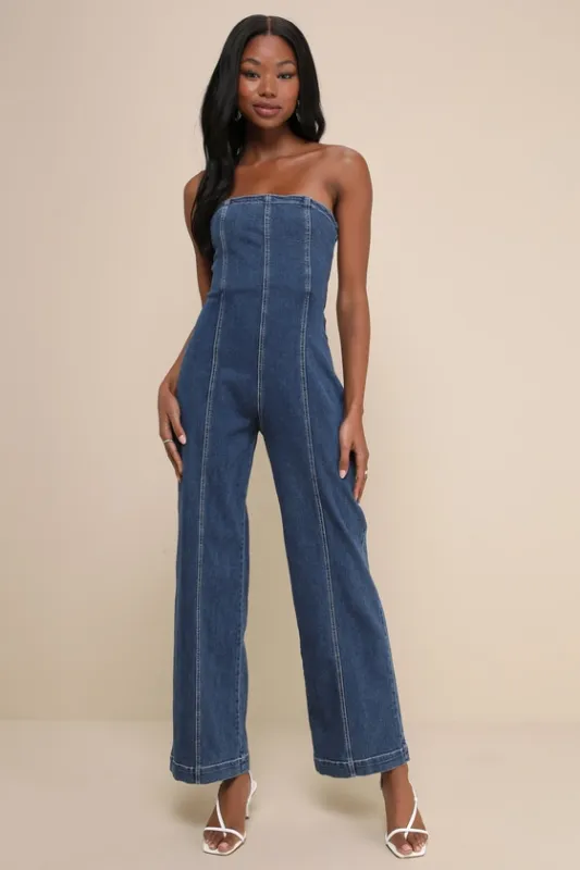 Pretty Iconic Medium Wash Denim Strapless Wide-Leg Jumpsuit sold by Lulus