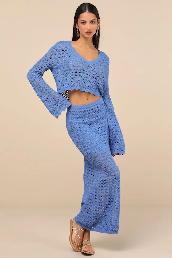 Serene Aesthetic Blue Crochet Knit Midi Skirt sold by Lulus