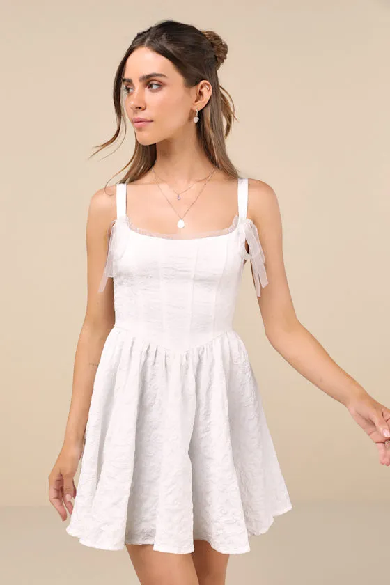 Perfected Presence White Jacquard Tie-Strap Mini Dress sold by Lulus