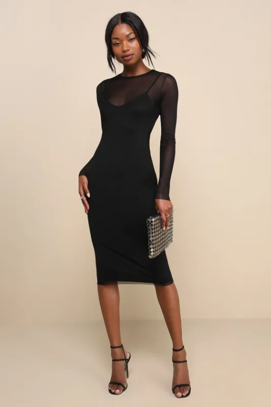 Perfect Plans Black Sheer Mesh Long Sleeve Bodycon Midi Dress sold by Lulus