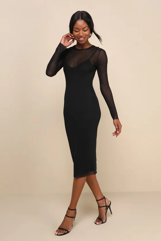 Perfect Plans Black Sheer Mesh Long Sleeve Bodycon Midi Dress sold by Lulus product image thumbnail 2