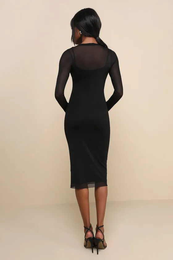 Perfect Plans Black Sheer Mesh Long Sleeve Bodycon Midi Dress sold by Lulus product image thumbnail 3