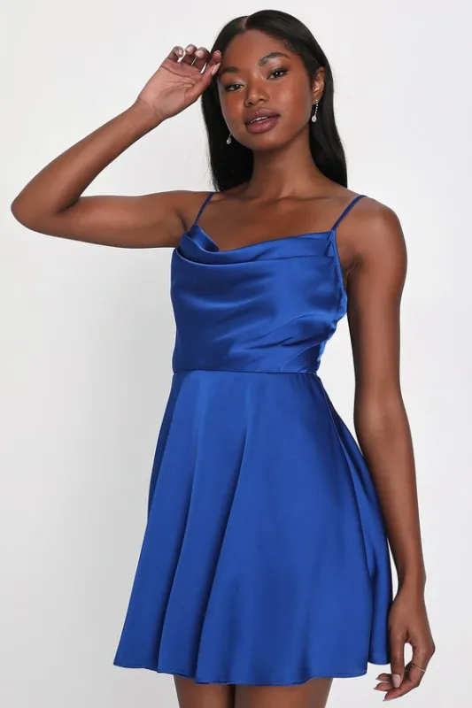 Fanciful Flirt Royal Blue Satin Cowl Neck Skater Mini Dress sold by Lulus