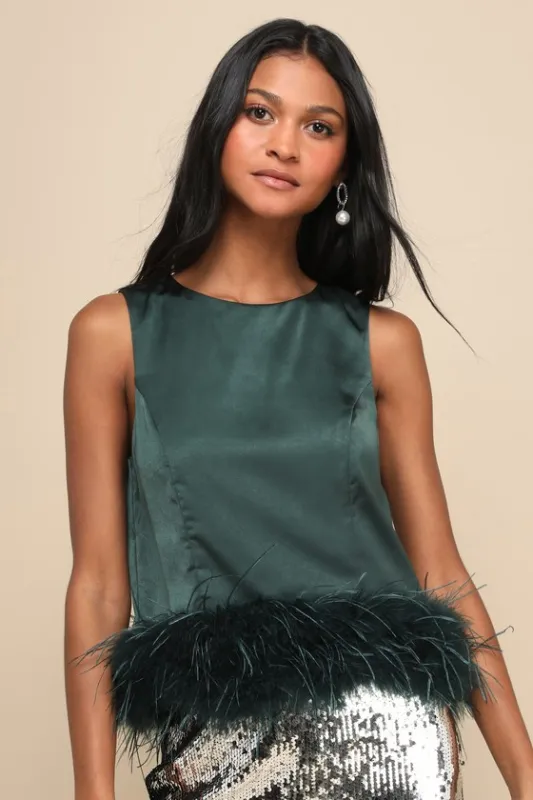 Fancy Fixation Emerald Green Satin Feather Tank Top sold by Lulus