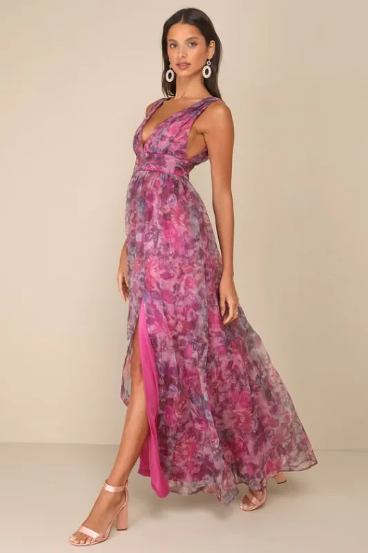 Garden Romance Magenta Floral Print Organza Maxi Dress sold by Lulus