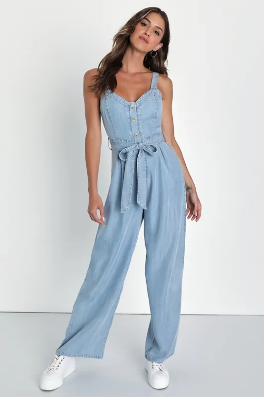 Breezy Saturday Blue Chambray Button-Front Wide-Leg Jumpsuit sold by Lulus