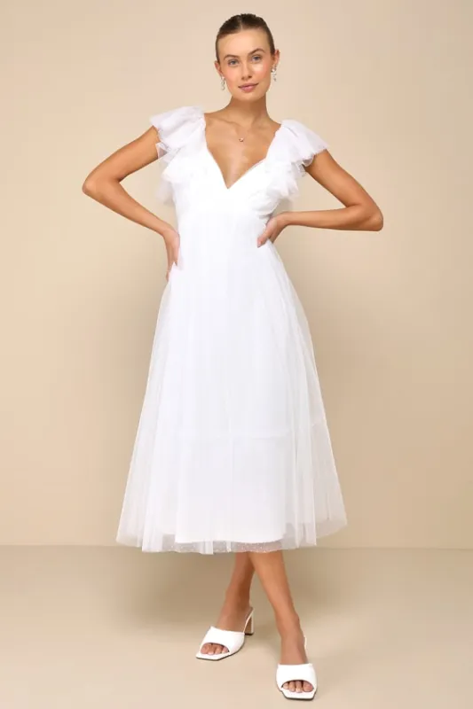 Perfect Invite White Swiss Dot Tie-Back Midi Dress sold by Lulus