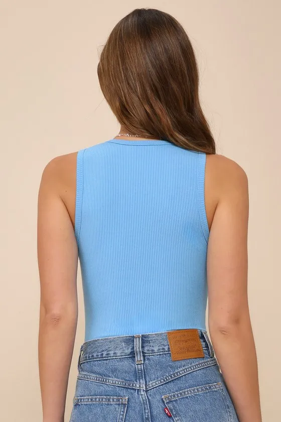 Casual Essence Light Blue Ribbed Knit Sleeveless Bodysuit sold by Lulus product image thumbnail 3