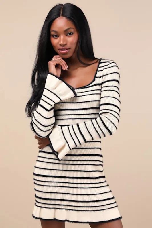 Cozy Outlook Ivory Fuzzy Striped Long Sleeve Sweater Mini Dress sold by Lulus