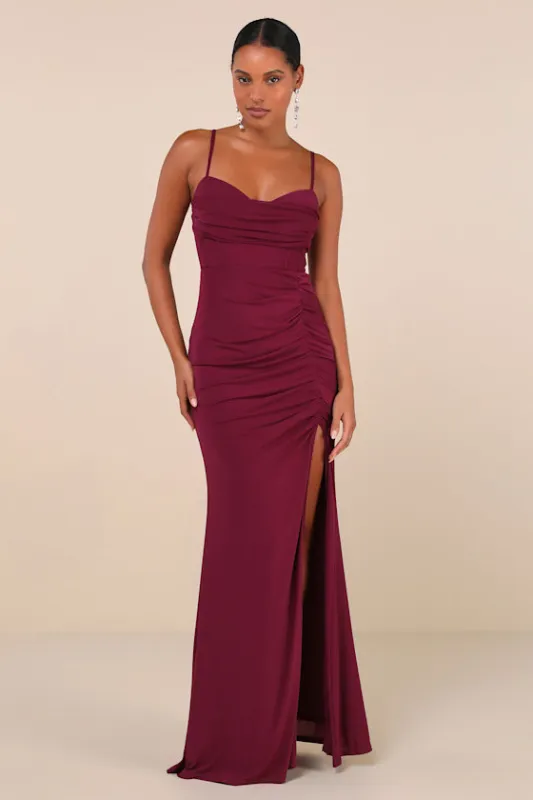 Flirty Composure Plum Purple Mesh Cowl Bustier Ruched Maxi Dress sold by Lulus