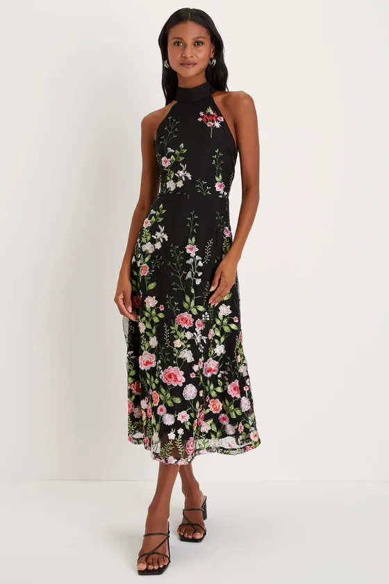 Blossoming Energy Black Floral Embroidered Halter Midi Dress sold by Lulus