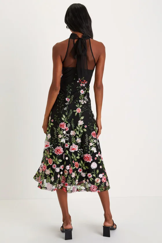 Blossoming Energy Black Floral Embroidered Halter Midi Dress sold by Lulus product image thumbnail 2