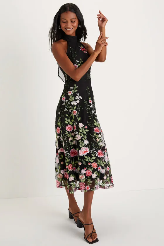 Blossoming Energy Black Floral Embroidered Halter Midi Dress sold by Lulus product image thumbnail 3