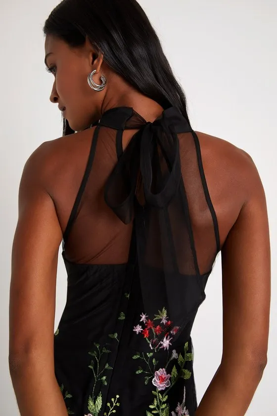 Blossoming Energy Black Floral Embroidered Halter Midi Dress sold by Lulus product image thumbnail 4