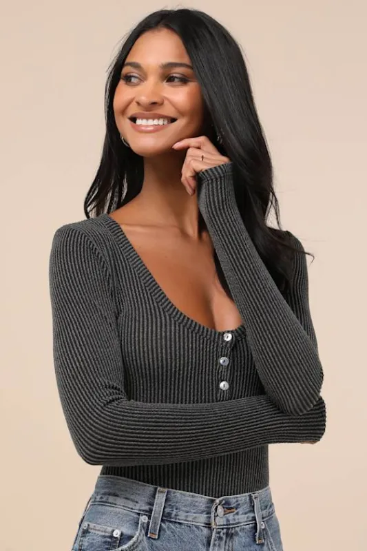 Pursuing Sweetness Charcoal Textured Ribbed Henley Bodysuit sold by Lulus