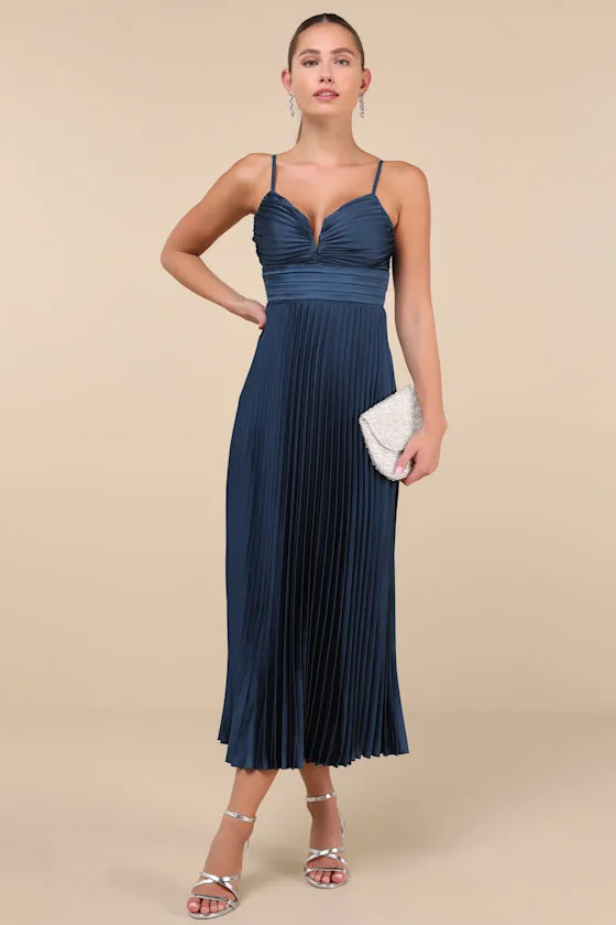 Fabulous Perfection Navy Blue Satin Pleated Midi Dress sold by Lulus