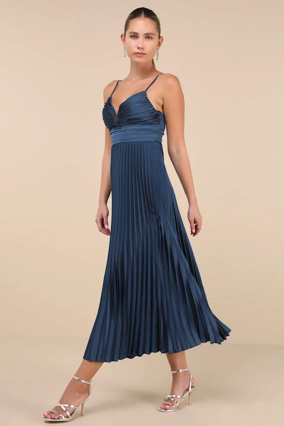 Fabulous Perfection Navy Blue Satin Pleated Midi Dress sold by Lulus product image thumbnail 2